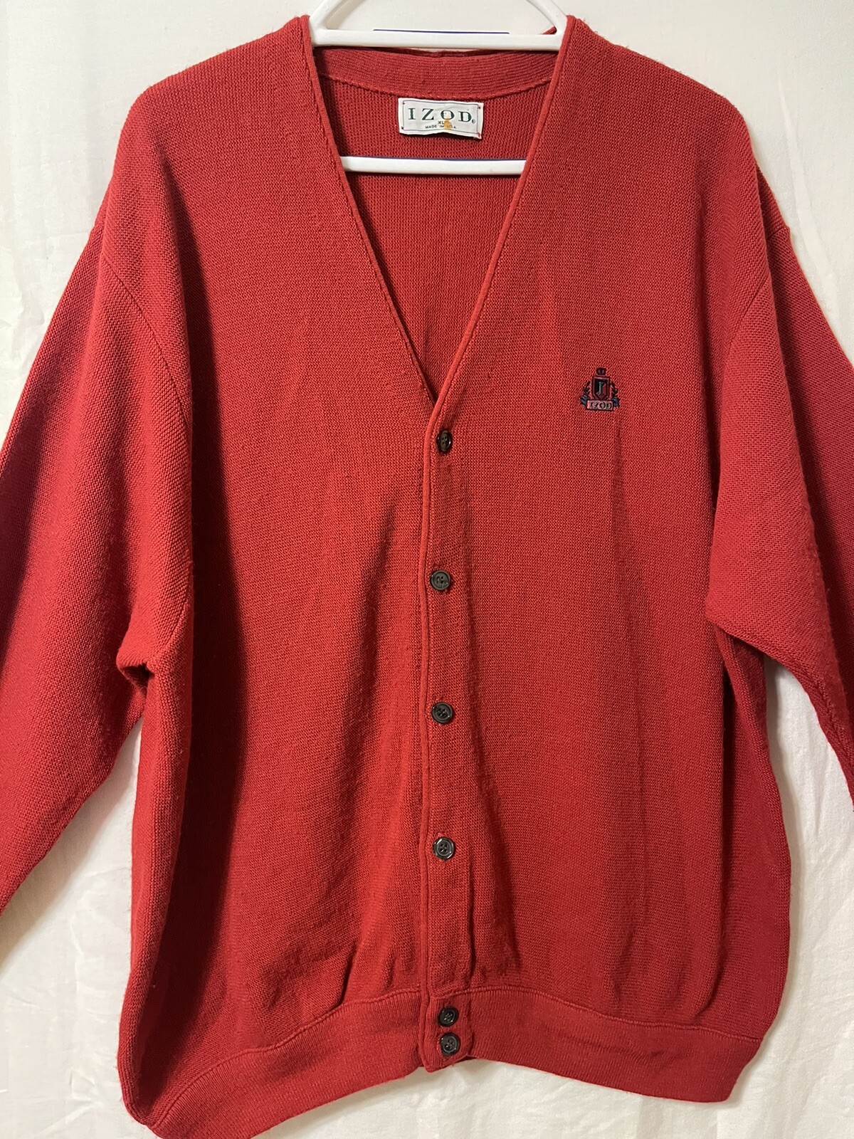 Izod Vintage Men’s Red Cardigan Sweater Made in USA Mr Rogers. Size XL