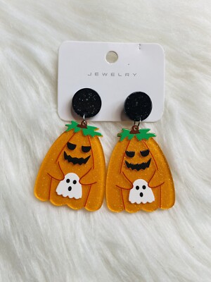 Halloween Pumpkin Ghost Acrylic Drop Earrings Black White