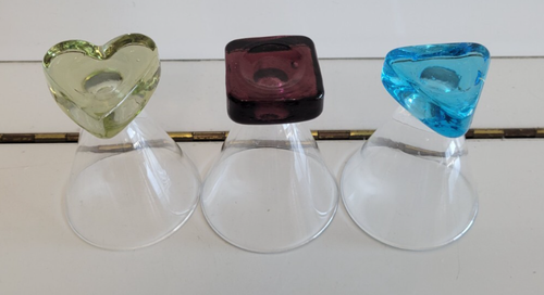 3 MURANO SHOT GLASSES AVOCADO GREEN HEART AMETHYST SQUARE SAPPHIRE BLUE TRIANGLE - Picture 2 of 8