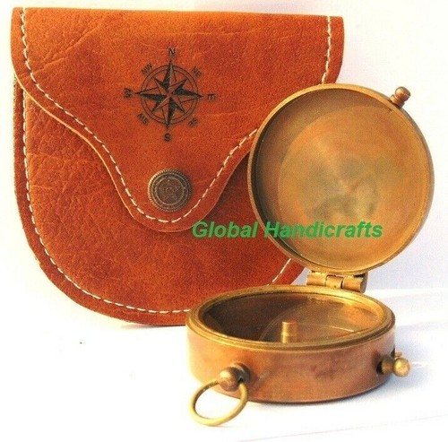 Nautisches antikes Messing Vintage Taschenkompass Geschenk mit Leder Richtungsetui - Bild 7 von 9