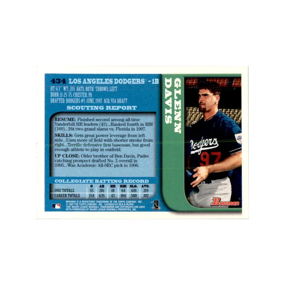 1997 Bowman Glenn Davis Baseball Cards #434 - Image 2 of 3