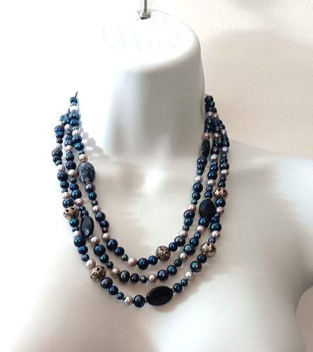 Lucas Lameth Lapislazuli / Zuchtperlen 3 Strang Halskette 16" signiert LUC 925