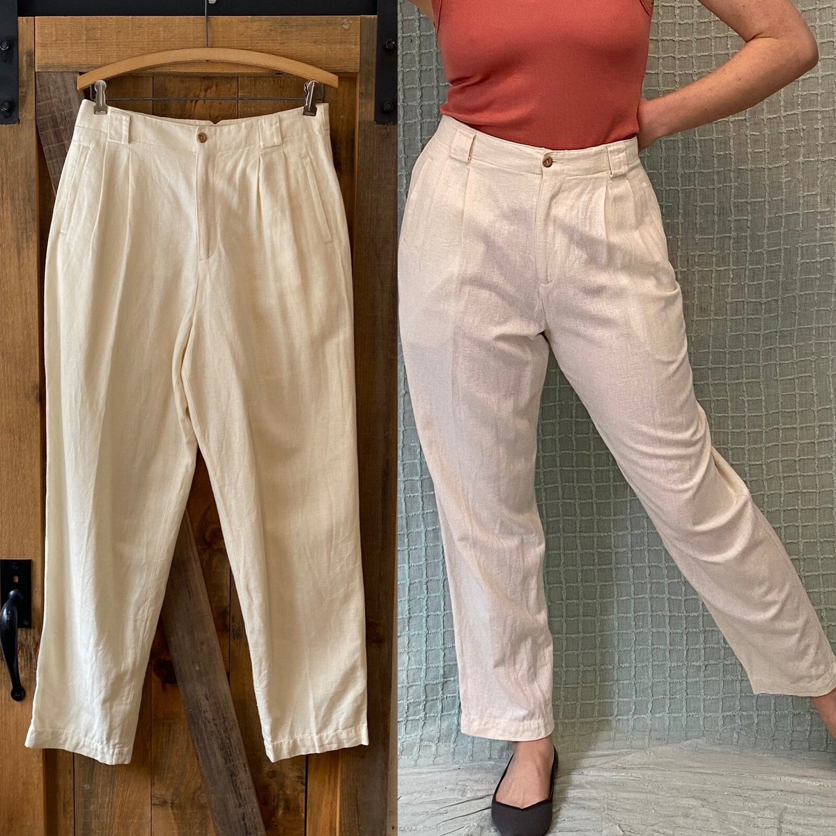 パンツ 90s Liz sport Two tuck Linen pants Vintage 90s Ivory Linen Cotton Pleated Front Trouser Pants