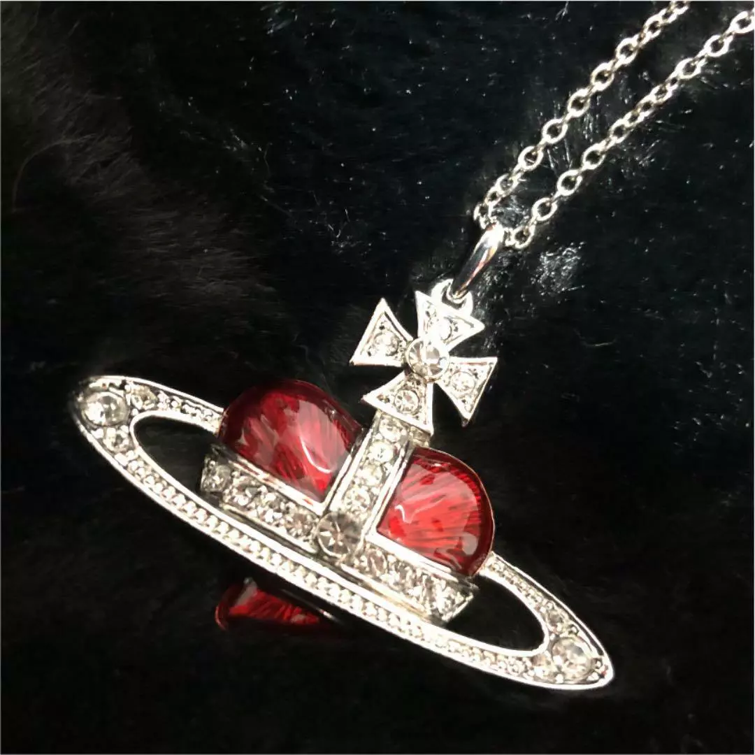 Vivienne Westwood Red Diamante Heart Necklace Silver Near Mint