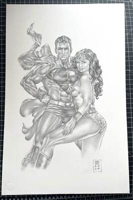 ORIGINAL SIGNED GENE ESPY SUPERMAN/WONDER WOMAN PENCIL COMMISSION 12.5X19 RARE!