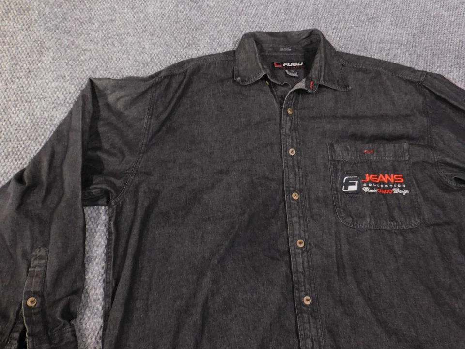 Camisa vaquera FUBU para hombre XXL negra denim con botones manga larga logotipo bordado Foto 4 de 4