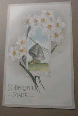 Easter Antique Postcard A Peaceful Easter Flowers And Bells 1913 Post Mark