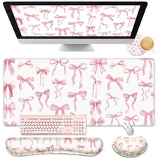 4 Pcs Pink Bow Keyboard Mat and Mouse Pad Set Coquette Desk Mat Bowknot Mouse...