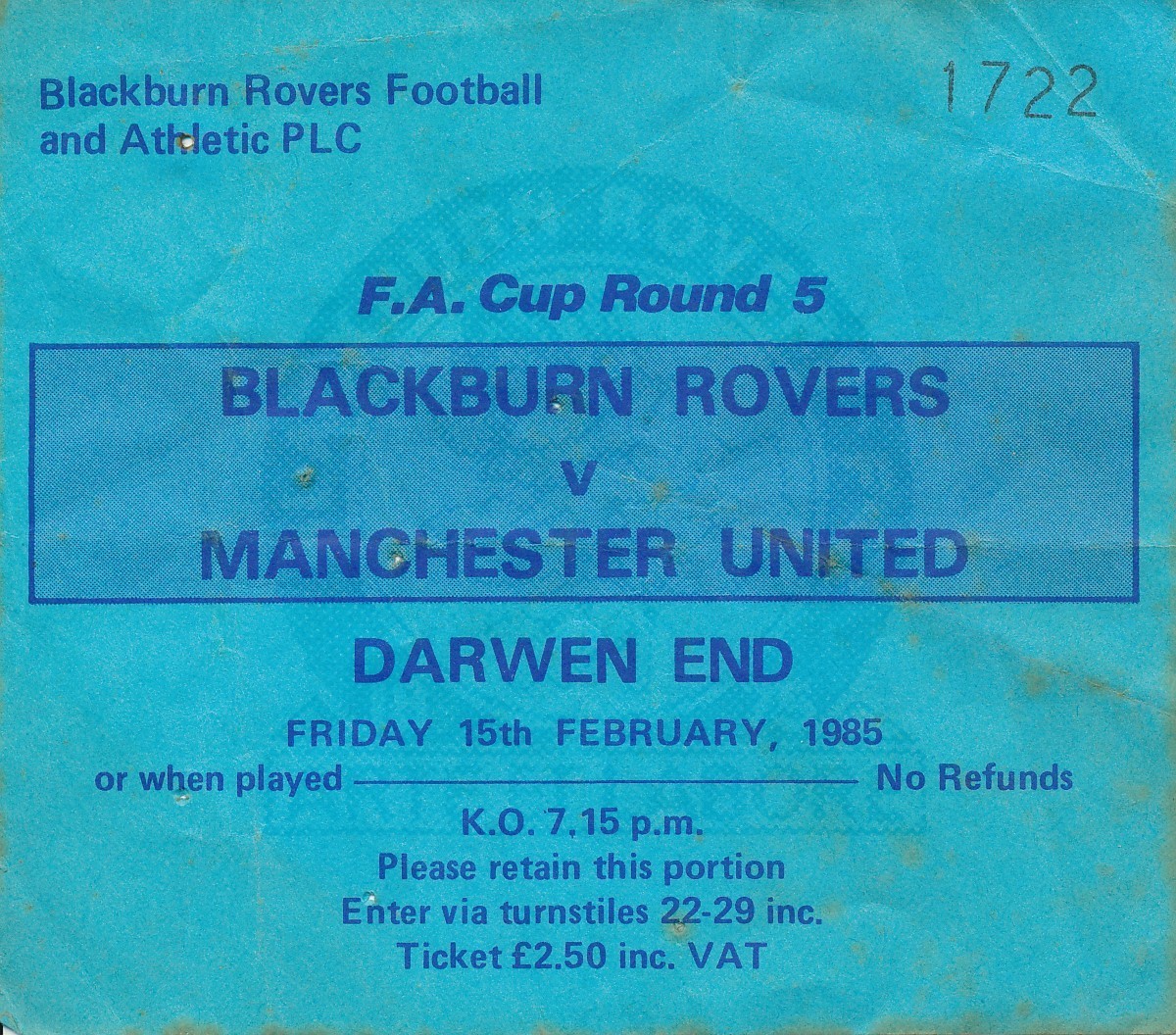 TICKET: Blackburn Rovers v Manchester United (FA Cup) 1984/1985 for sale on Ebay