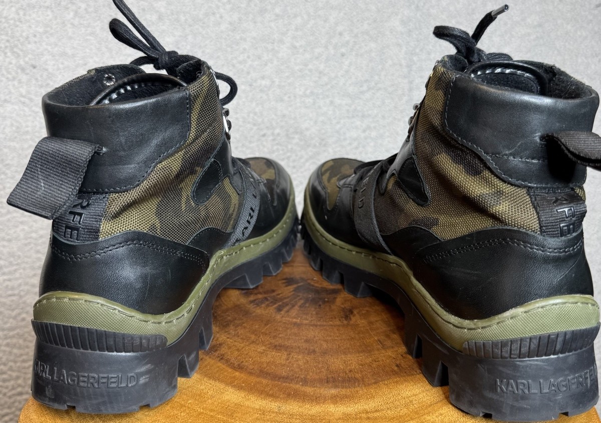 Karl Lagerfeld Men\'s Camo Front Logo Strap Buckle Lug Sole Boots Size 9.5 Karl Lagerfeld Camo Combat Boots Front Logo Strap Buckle Lug  main image 2