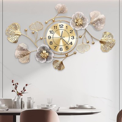 Large Wall Clock 3D Silent Wall Clock Retro Metal Ginkgo Leaf Clocks 32''x18''