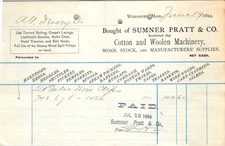 Sumner Pratt & Co 1894 Textile Mill Supply Invoice Worcester Massachusetts