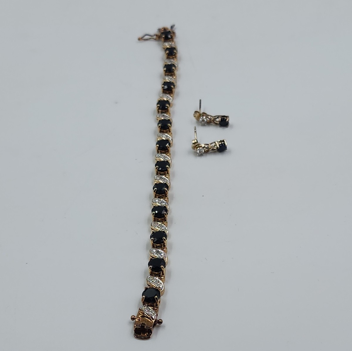 18K Gold over Sterling Silver diamond & sapphire bracelet  / Earrings  set 925 View 4