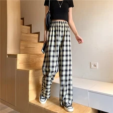 Stylish Korean Style High Waist Checkered Wide Leg Trousers Oversize Fit