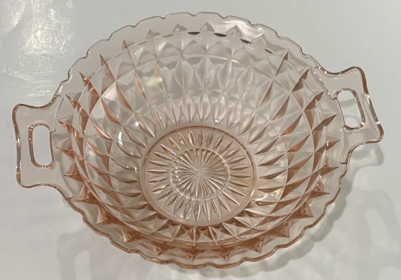 Pink Depression Glass Jeanette Windsor Diamond Double Handled Serving Bowl~9”