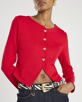 River Island Womens Cardigan Red Long Sleeve Cropped Heart Buttoned Jumper Top