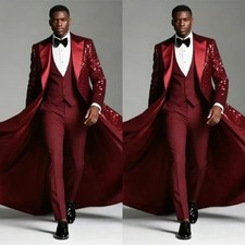 Formal 3 Piece Men Suit Sequin Long Cape Jacket Wedding Groom Tuxedo Prom Outfit