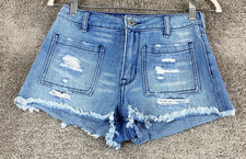 Bullhead Denim Co. Super High Rise Shorty Short Women's Size 3 Blue Fringed Hem