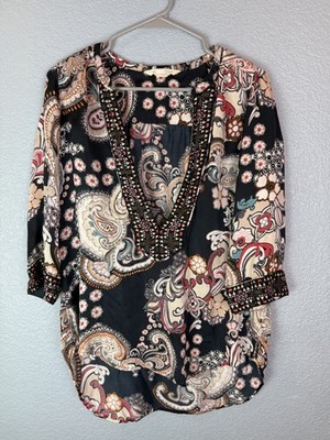 Odd Molly Blouse Womens Small Paisley Floral Tunic Boho Top 3/4 Sleeve 616T