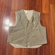 Vtg Carhartt V13 DES Duck Vest USA Sherpa Lined Tan Workwear XL Distressed Rare