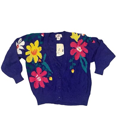 Vintage Jaclyn Smith Purple Floral Button Up Knit Sweater- Medium- New W/ Tags
