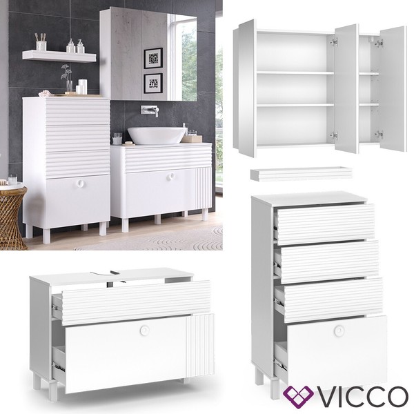 BadmöBel-Set Sola Weiß Matt, Moderne Serie, Midischrank, Spiegelschrank Vicco-image