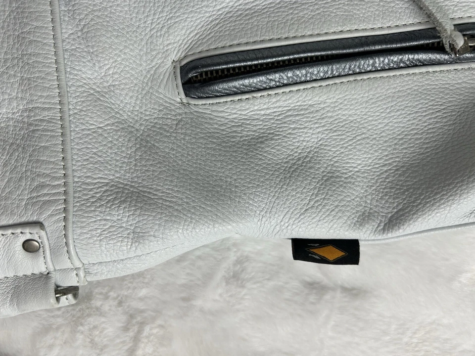 Power Trip Women's Leather Zip Up Motorcycle Jacket Large Cream/Silver Grey - Image 2 of 4