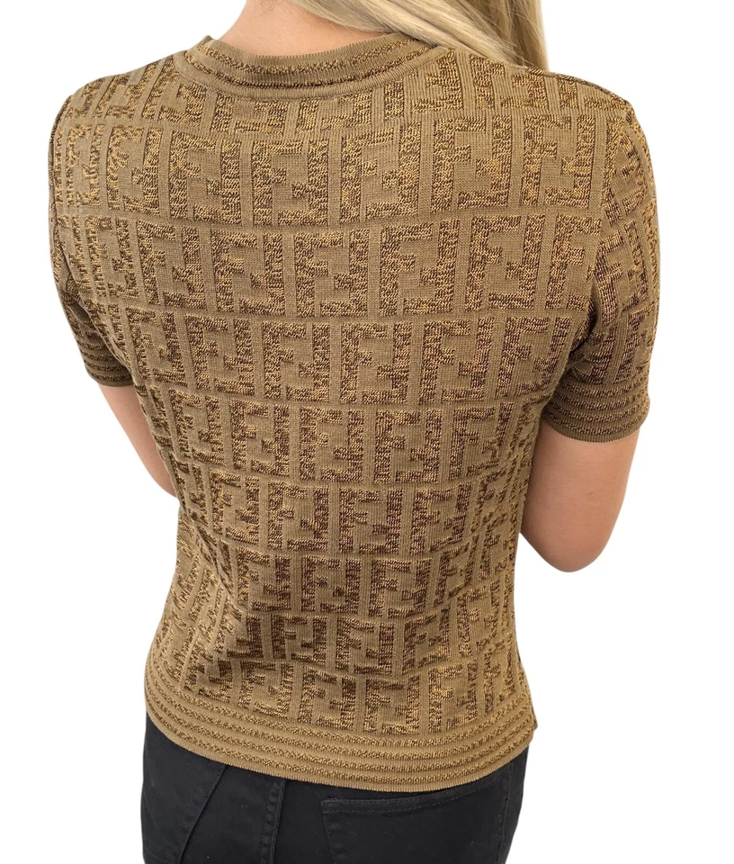 Suéter FENDI Vintage Zucca Monograma Logo Tejido Manga Corta Marrón Algodón Foto 4 de 4