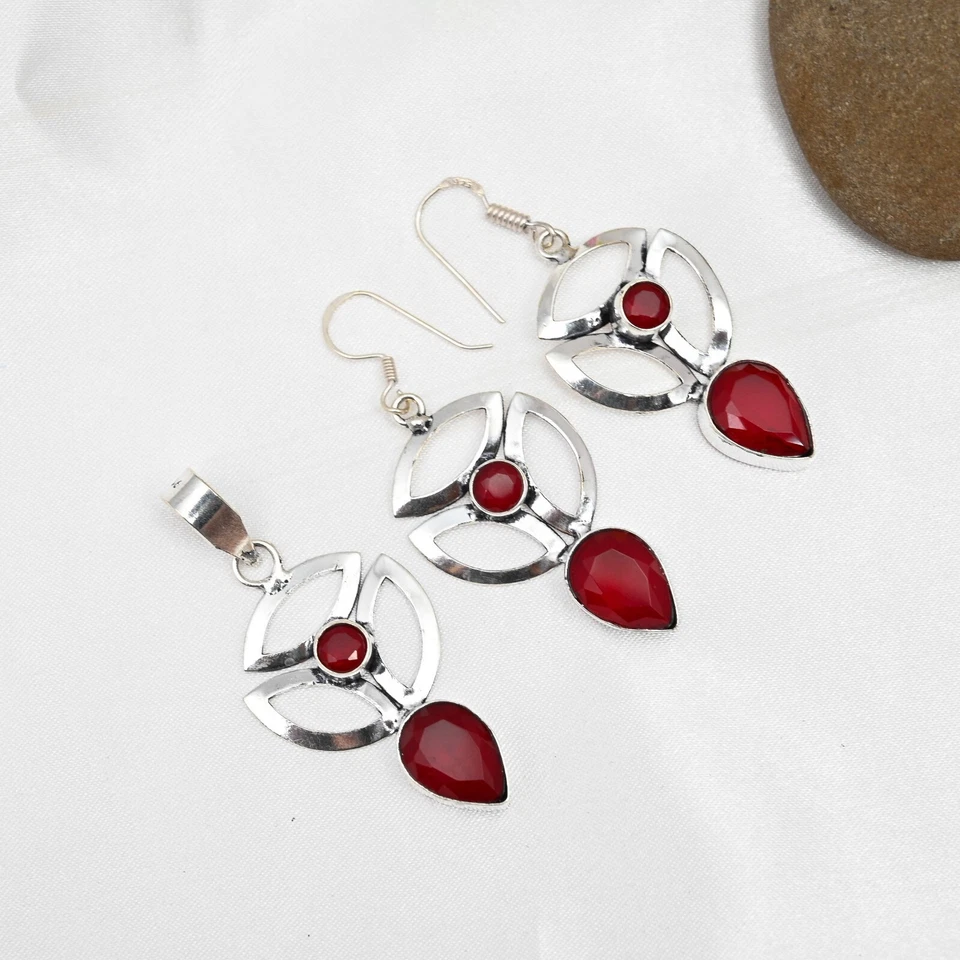 925 Sterling Silver Ruby Pear Cut Pendant Necklace Earrings Set For Women Gifts - Image 4 of 4