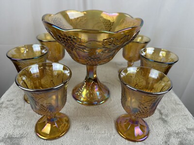 Indiana Glass Amber Marigold Carnival Glass Grape Harvest Compote Set