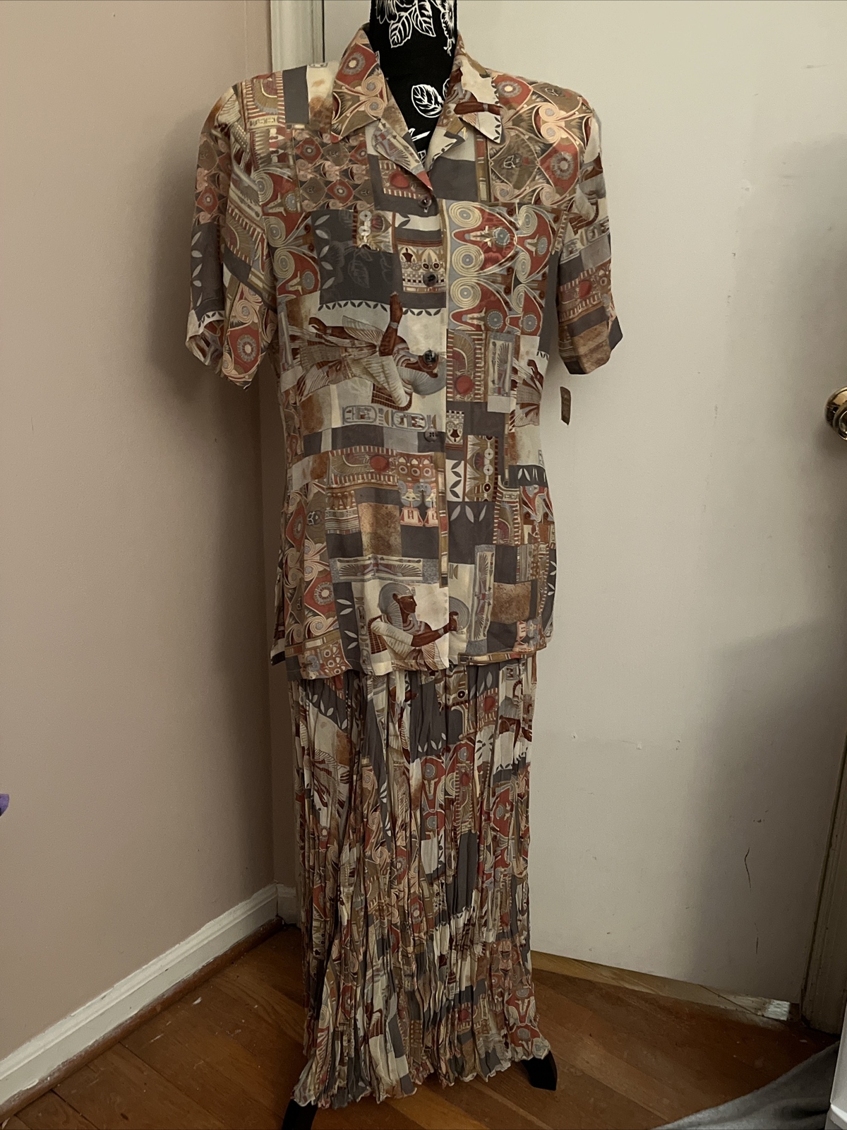 August Silk Egyptian Blouse And Maxi Skirt Medium Blouse Has Shoulder Pads Light
