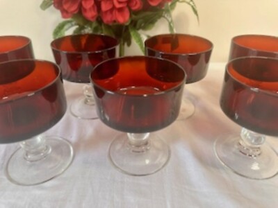 Vintage French Luminarc Ruby Red Stemmed Dessert or Wine Glasses   Set of 7