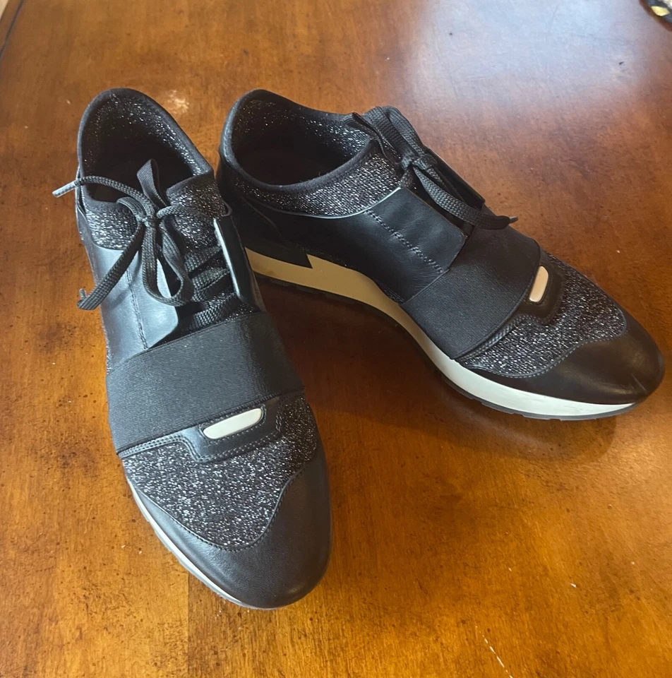 Balenciaga Black & Silver Glitter Race Runner Sneakers Size US 8.5 EU 39 - Image 2 of 4