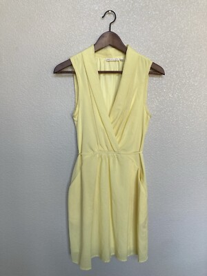Hailey Lyn Yellow mini dress chiffon tie back sleeveless sz small v neck pockets