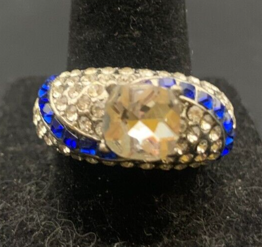 Vintage Antique Silver Tone Rhinestone CZ Cocktail Ring - Size 9