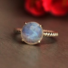 Natural Round Faceted Rainbow Moonstone Gemstone Ring 925 Sterling Silver Ring
