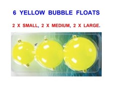 6 YELLOW BUBBLE FLOATS,SMALL,MEDIUM,LARGE,FOR SEA PIKE TROUT FLY FISHING LINE