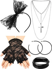 80S Fancy Dress Accessories Lace Headband Earrings Fishnet Gloves Necklace Party