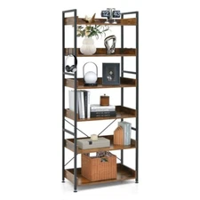 6-Tier Industrial Bookshelf Vintage Bookcase Display Rack Storage Shelf 4-Hooks