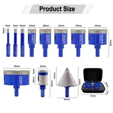 Diamond Hole Saw Kit 6-65mm11pcs Porcelian Marble Tri-Shank Core Bit Drill Bit