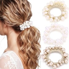 Pearl Hair Ties Beaded Hair Scrunchies Fancy Ponytail white beige champagne