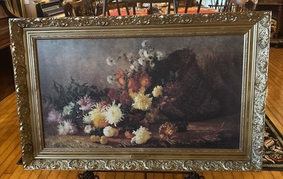 Still Life Oil Painting Signed With Gilded Gold Frame 22 1/2 X 35 1/2 Inches