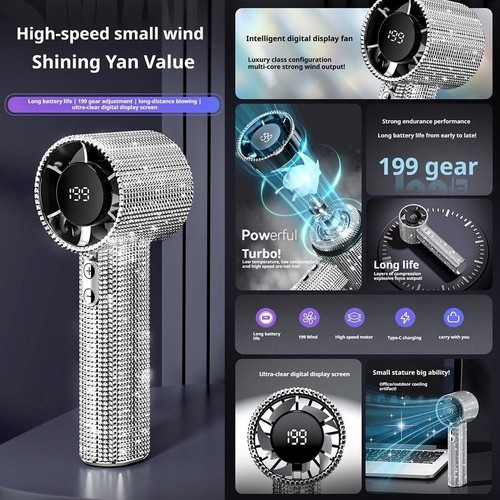 Bling Rhinestones High-Speed Handheld Fan Mini Portable Cooling Fan Outdoor New - Picture 9 of 19