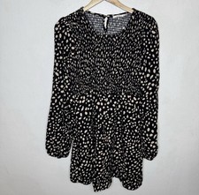New Francesca’s Julieann Dress Women’s XL Abstract Dot Smocked Black Mi Ami Boho