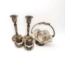 Vintage job lot of enameled brass Candle Holder Salt Peper Shaker & trinket dish