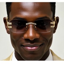 Rhinestone Rimless Sunglasses Vintage Hip Hop Shades Men Light Brown Lens Classy