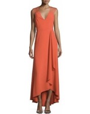HALSTON HERITAGE HIGH LOW STRAPPY RUFFLED DRESS, ORANGE