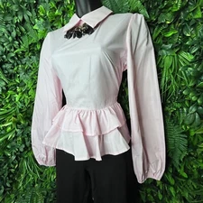 SAN JOY Tops Women Medium Pink Hi Low Hem Layered Peplum Long Sleeve 0647