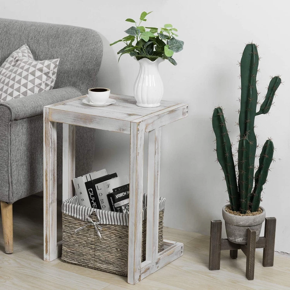 Living Room White Wood C Shaped Side Table End Table, Under The Couch TV Table - Image 2 of 4