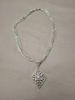 Signed Napier Silver tone Four strands necklace w/ Diamond Shaped Pendant 24in''